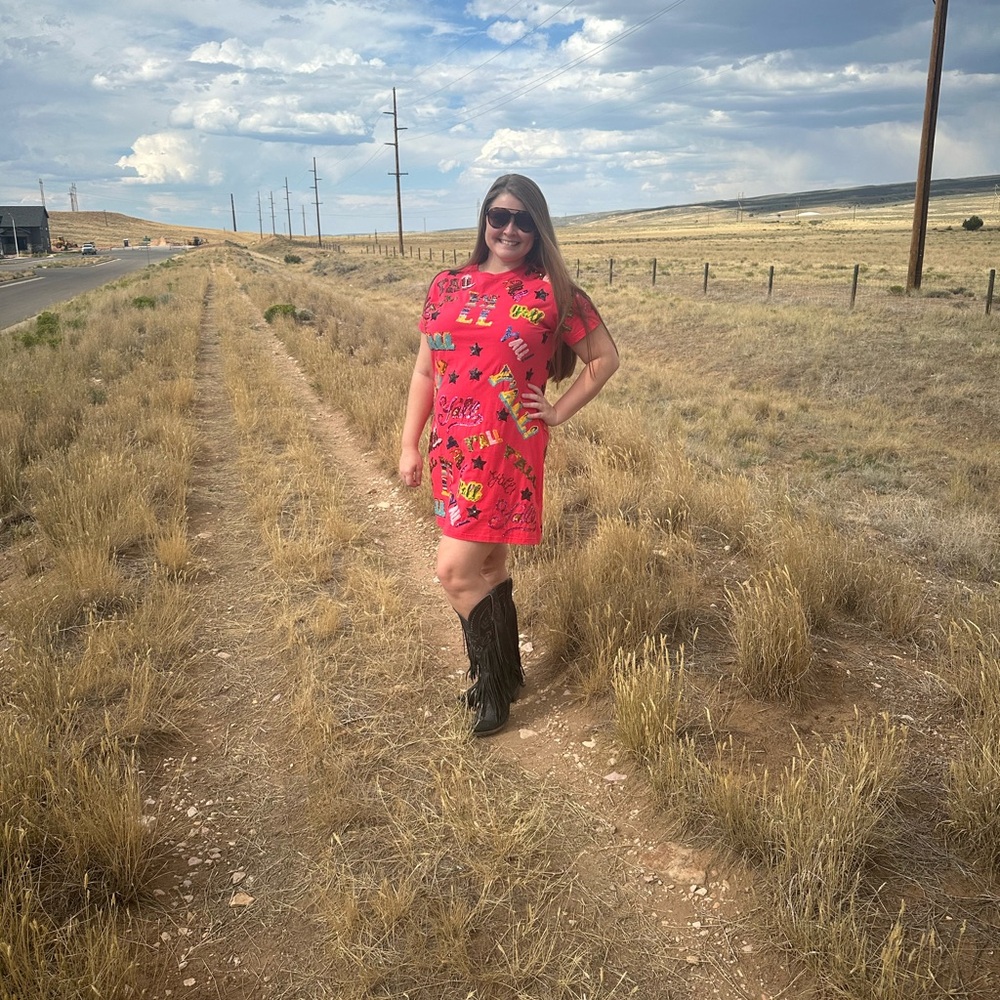 Queen Of Sparkles Y'All All Over Tee Dress-Red